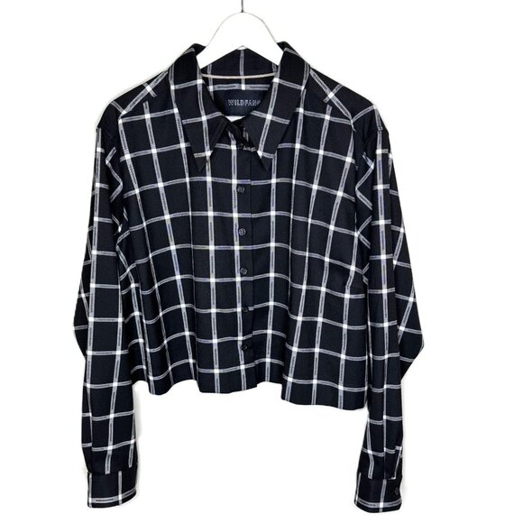 NWOT Wildfang Black The Essential Flannel Long Sleeve Cropped Button Up, Size 1X - Picture 1 of 6